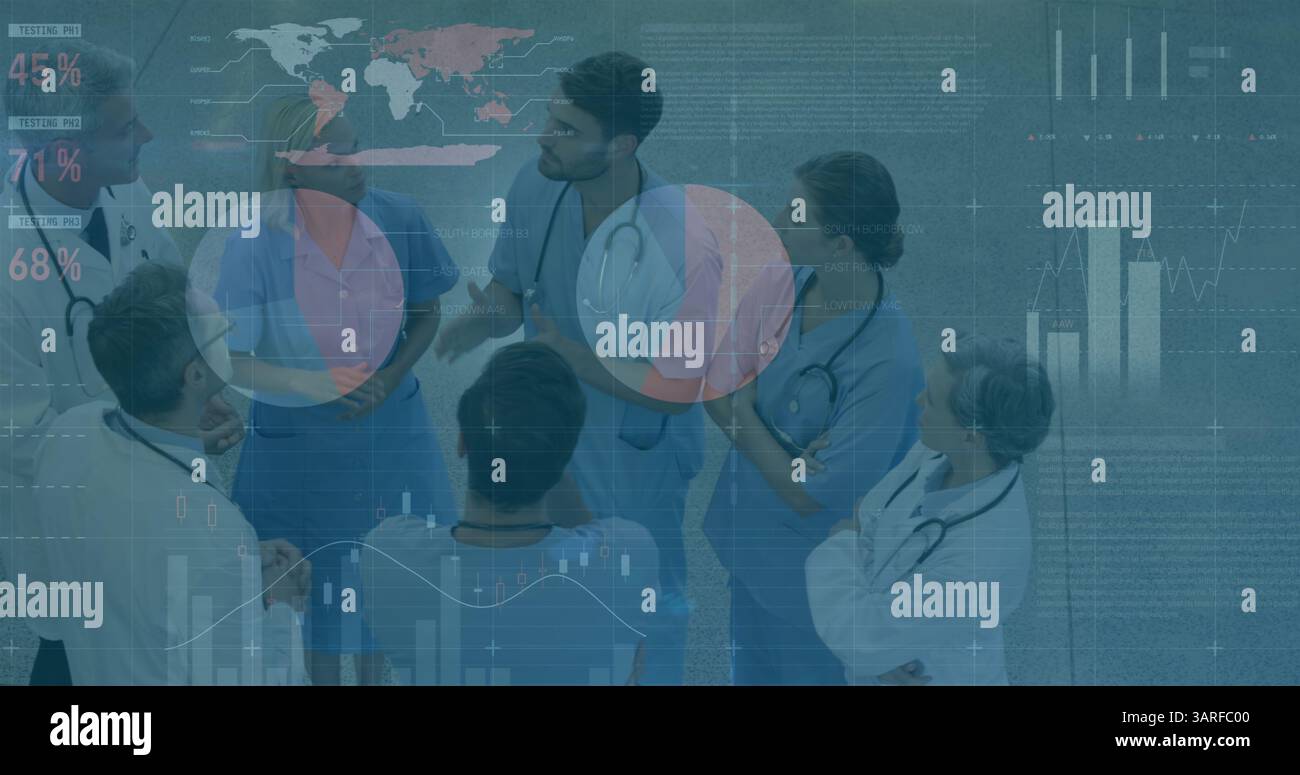 Image de graphiques et de données sur divers médecins femmes et hommes lors de la consultation Banque D'Images