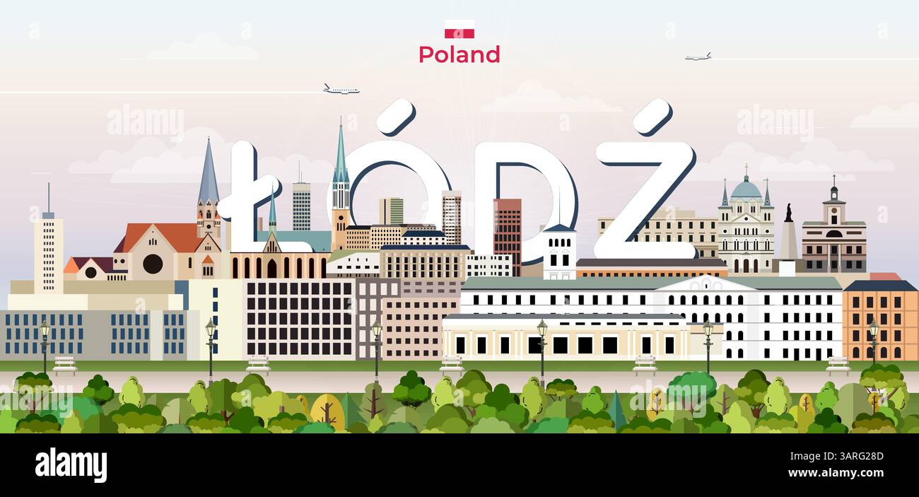 Illustration vectorielle colorée de paysage urbain de Lodz avec le nom de la grande ville sur le fond. Affiche tendance de voyage Illustration de Vecteur