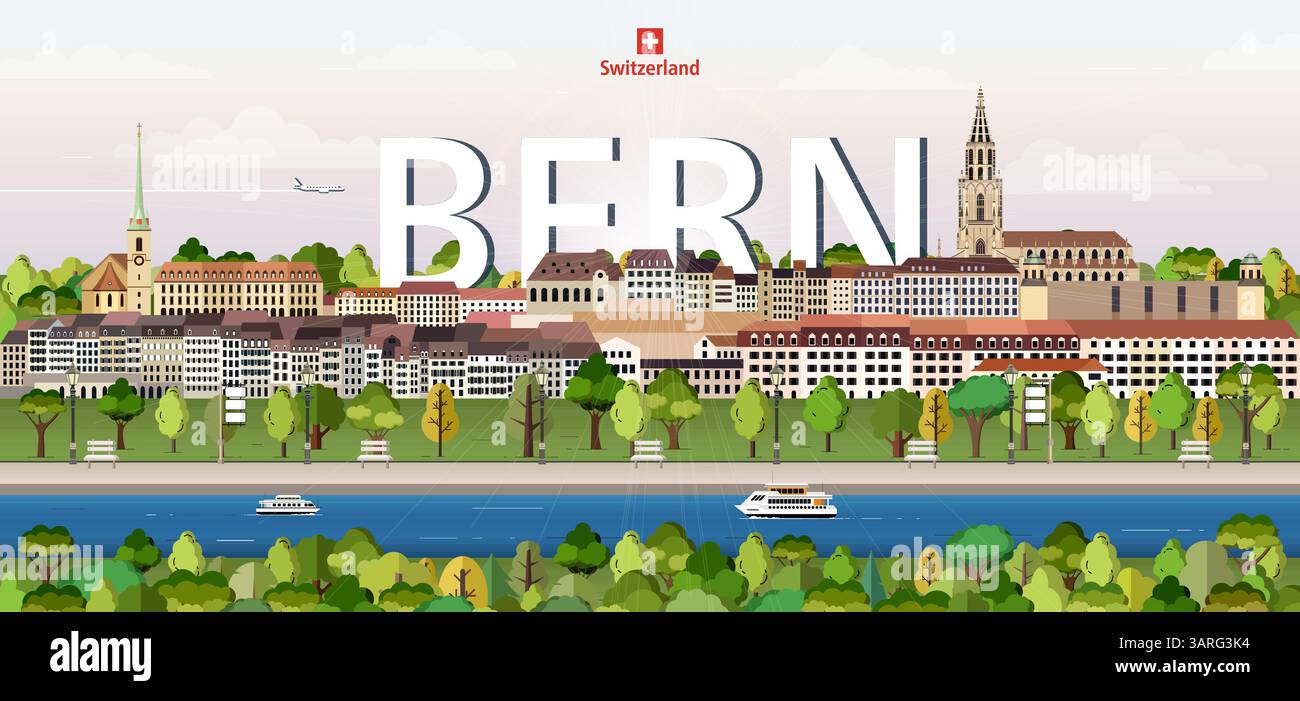 Illustration vectorielle colorée de paysage urbain de Berne avec le nom de la grande ville sur le fond. Affiche tendance de voyage Illustration de Vecteur
