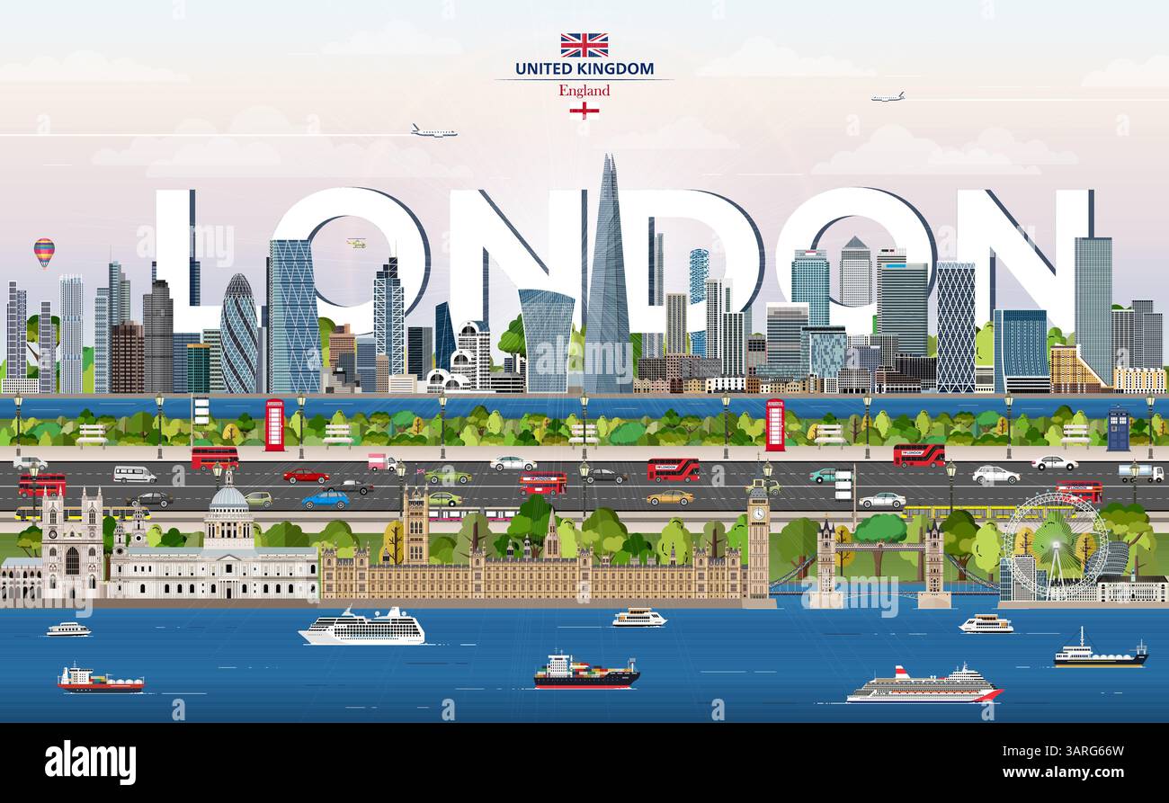 Illustration vectorielle colorée de paysage urbain de Londres avec le nom de la grande ville sur le fond. Affiche tendance de voyage Illustration de Vecteur