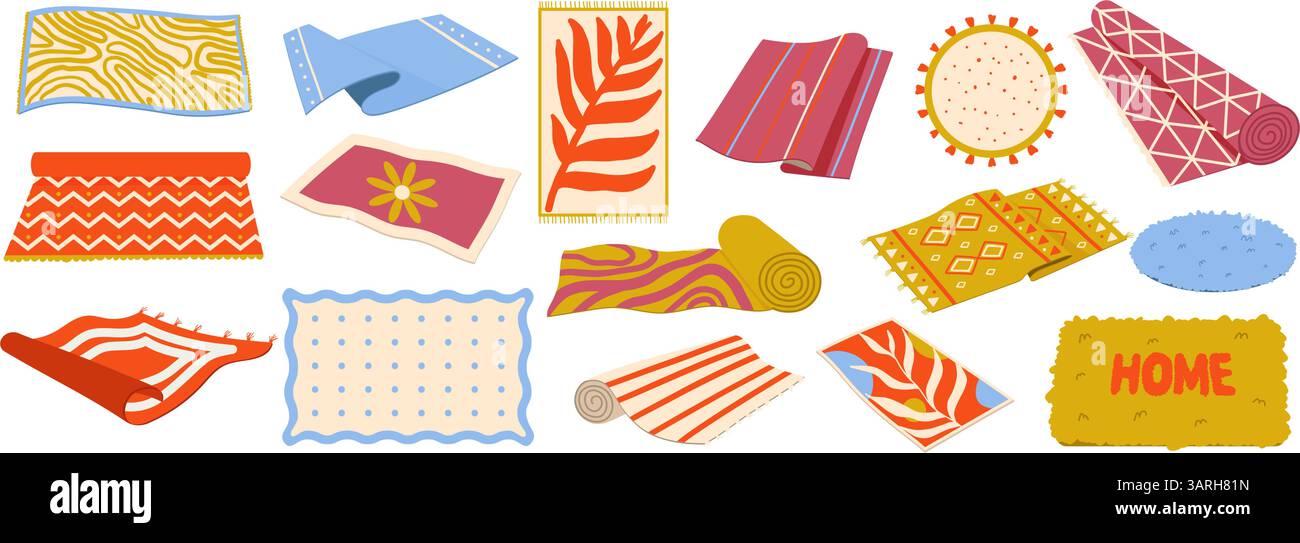 Moquettes confortables : tapis ronds, carrés et rectangulaires avec franges. Tapis décoratifs à motifs pour le salon et la chambre à coucher. Illustration de Vecteur