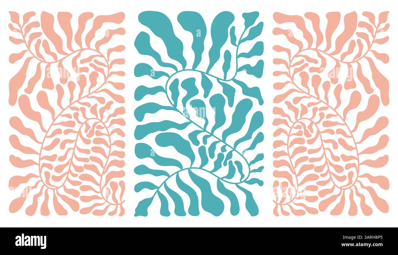 Ensemble d'affiches de fleurs abstraites. Arts muraux botaniques à la mode avec des plantes florales sauvages, feuille dans le style hippie. Décorations intérieures modernes naïves groovy funky, Illustration de Vecteur