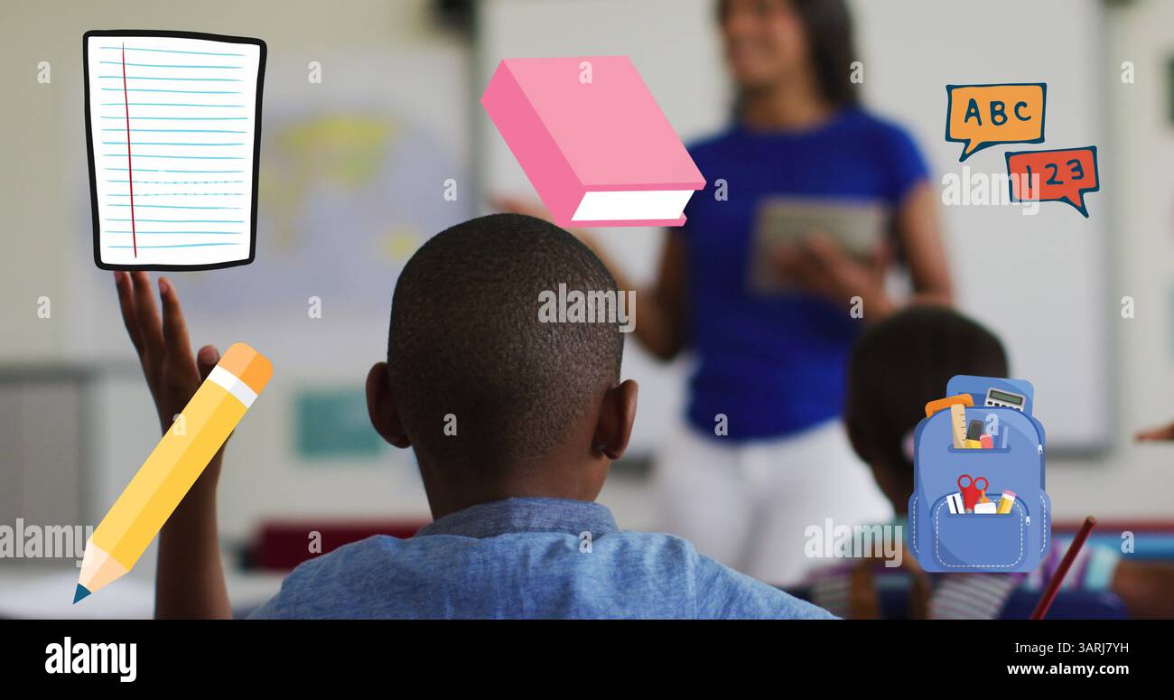 Image des icônes de l'école au-dessus de divers écoliers avec l'enseignant Banque D'Images