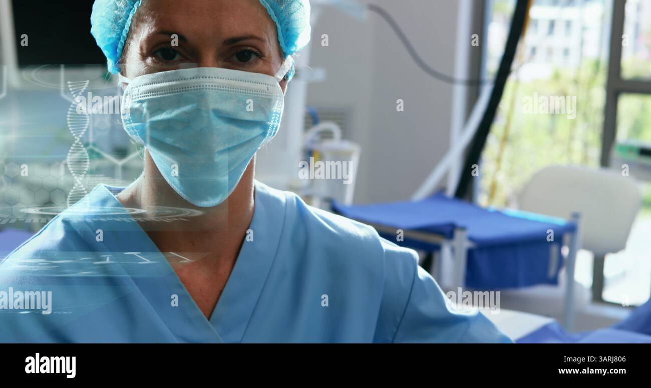 Image d'un médecin féminin caucasien avec masque facial sur le traitement des données Banque D'Images