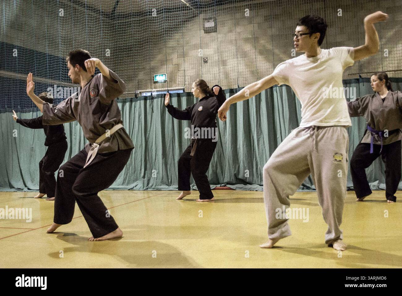 18 mars 2013 - Cardiff, pays de Galles du Sud, Royaume-Uni - à l'intérieur du Nam-Pai-Chuan Kung Fu Club, les étudiants pratiquent un style animal du Kung Fu chinois traditionnel. Il y a des siècles, Shaolin Monks a étudié comment différents animaux se défendaient contre les attaques et développé des styles de combat basés sur les techniques de défense animalsâ€™. Le Club utilise maintenant des techniques de défense développées à partir d'animaux comme la grue, le serpent, le singe et le tigre dans le cadre de l'entraînement avancé Nam Pai Chuan. (Crédit image : © Jiwei Han/ZUMAPRESS.com) Banque D'Images