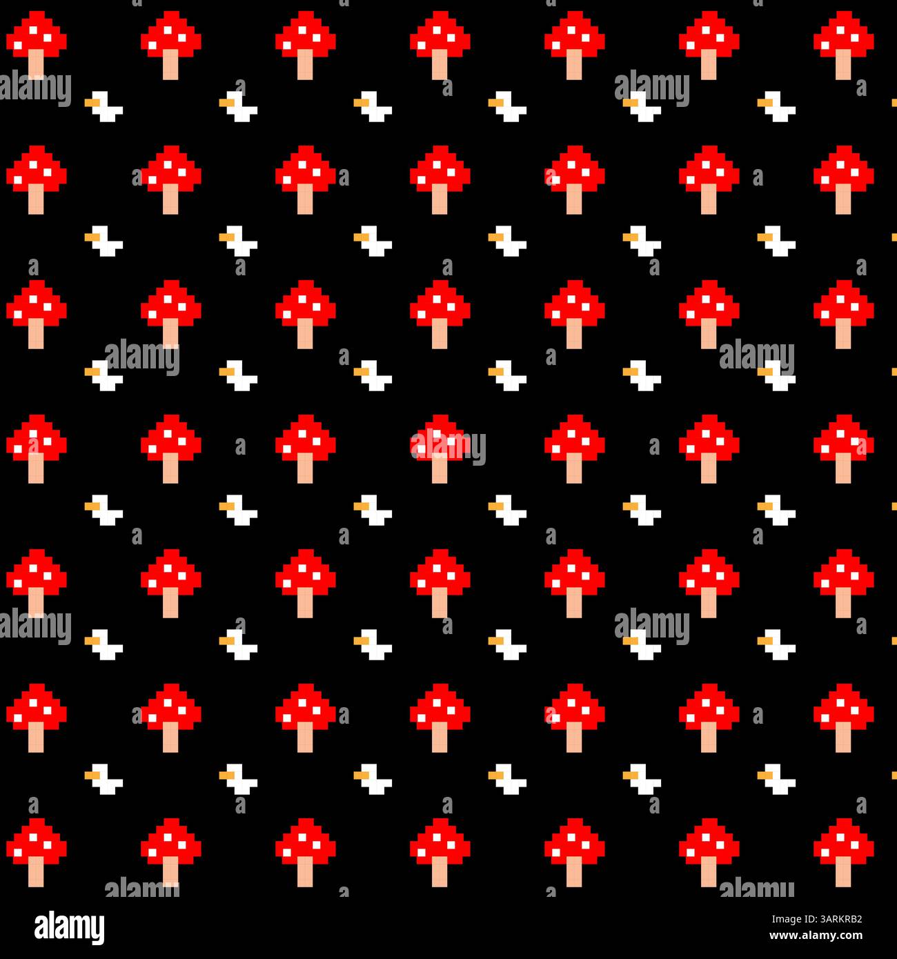 Motif pixel art avec champignons rouges et canards sur fond noir Illustration de Vecteur