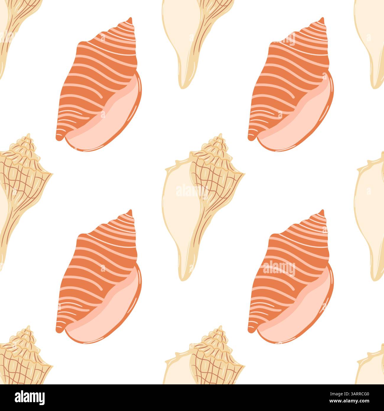 Collection colorée de coquillages affichés dans un motif sans couture sur un fond blanc Illustration de Vecteur