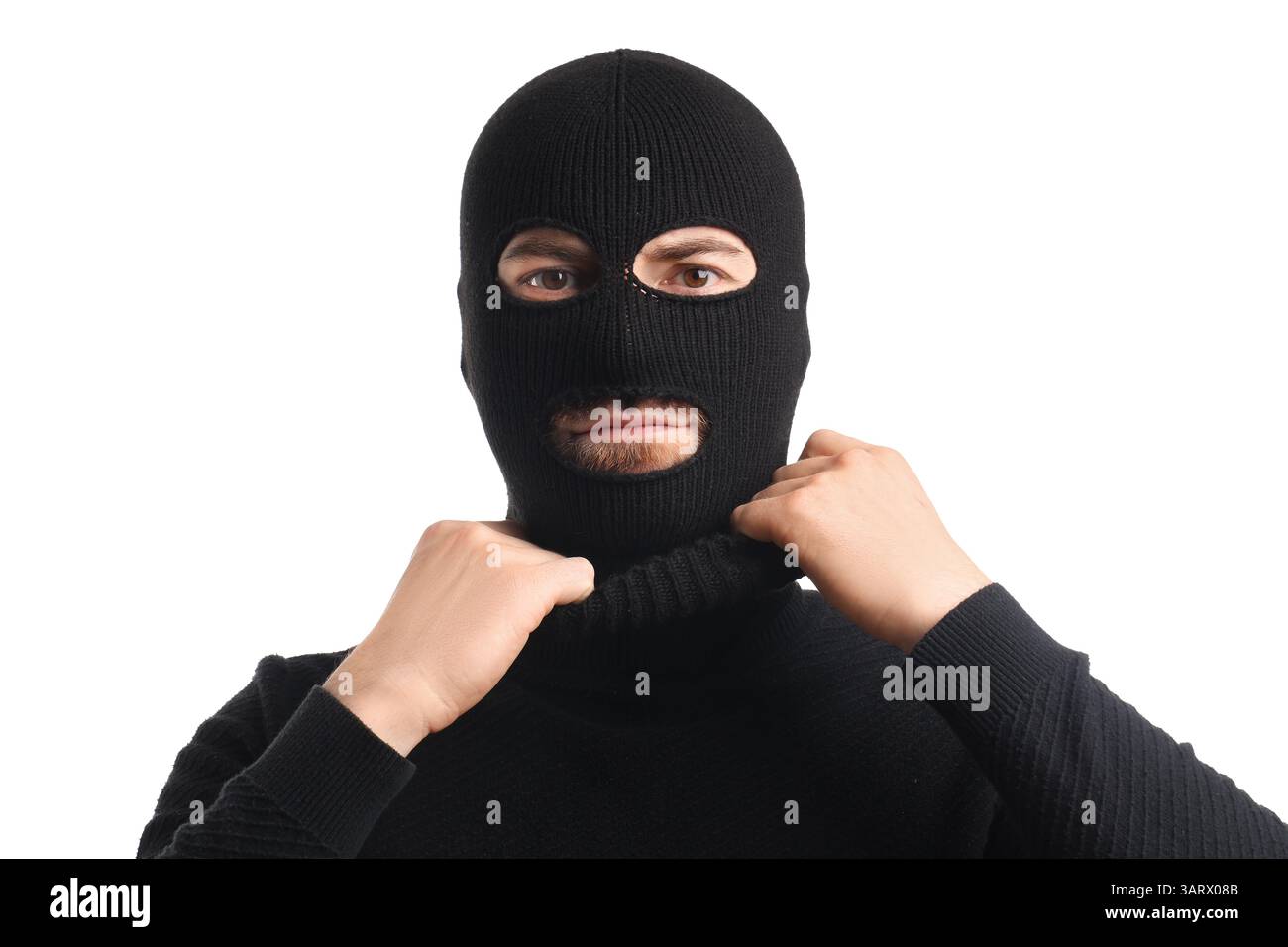 Jeune homme portant Balaclava sur fond blanc Banque D'Images