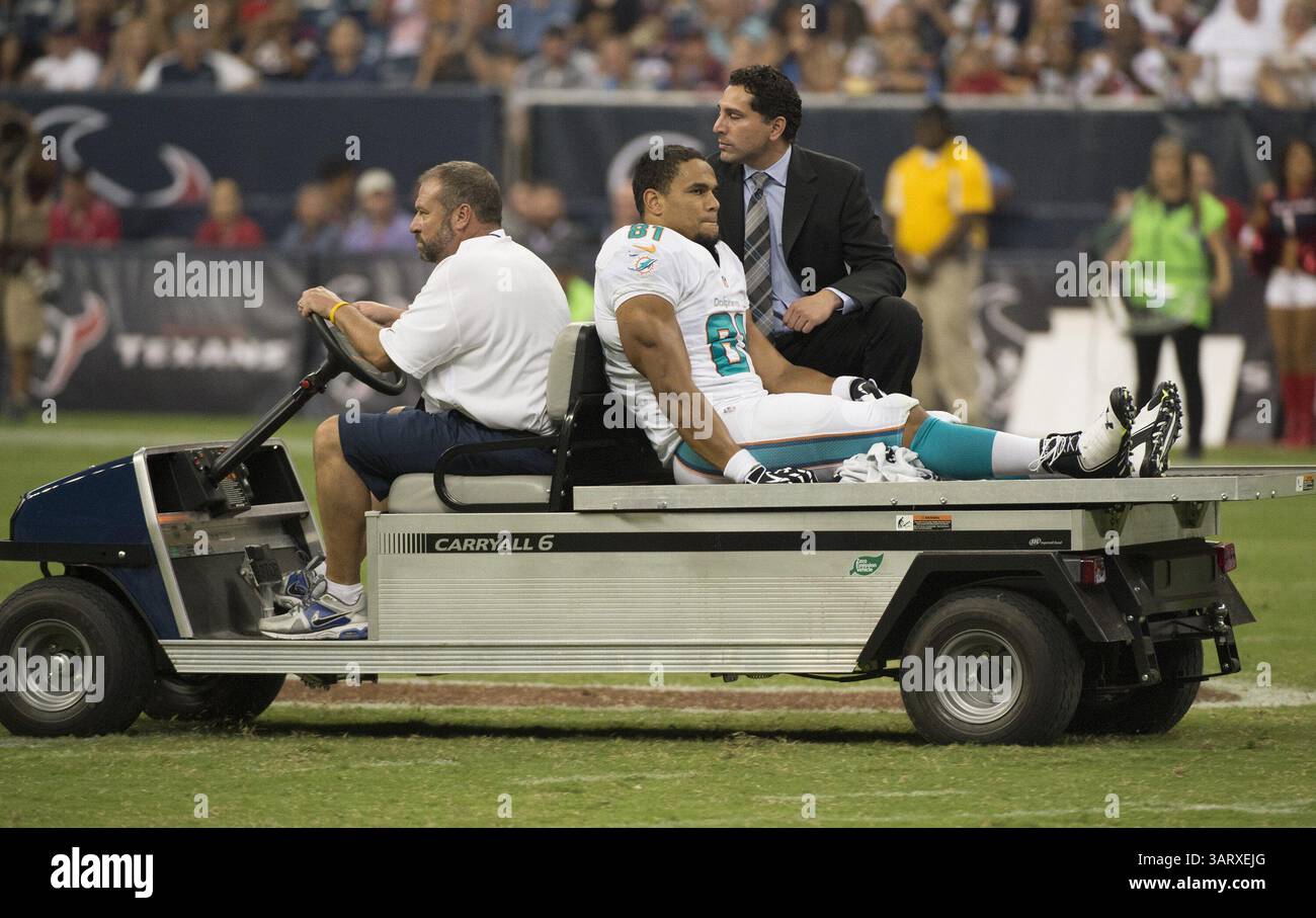 17 août 2013 - Houston, TX, USA - Dustin Keller (81) des Dolphins de Miami est retiré du terrain après s'être blessé contre les Texans de Houston dans la première moitié de leur match de pré-saison le samedi 17 août 2013, à la Nouvelle-Orléans, en Louisiane. (Crédit image : © George Bridges/MCT/ZUMAPRESS.com) Banque D'Images