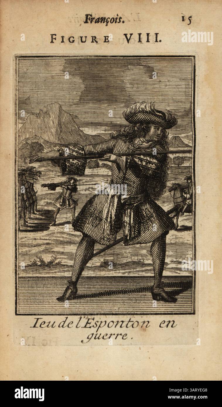 Officier français poussant avec le spontoon dans la bataille. Officier en tricorne à plumes, perruque en poudre, manteau militaire, ceinture de ceinture, tuyau et chaussures en cuir. Ieu de l'Esponton en guerre. Gravure sur cuivre par Pierre Giffart de L’Art militaire Francois pour l’infanterie, Pierre Giffart, Paris, 1696. Livre d'exercices militaires français du XVIIe siècle pour l'infanterie couvrant mousquet, brochet, épée et grenade. Banque D'Images