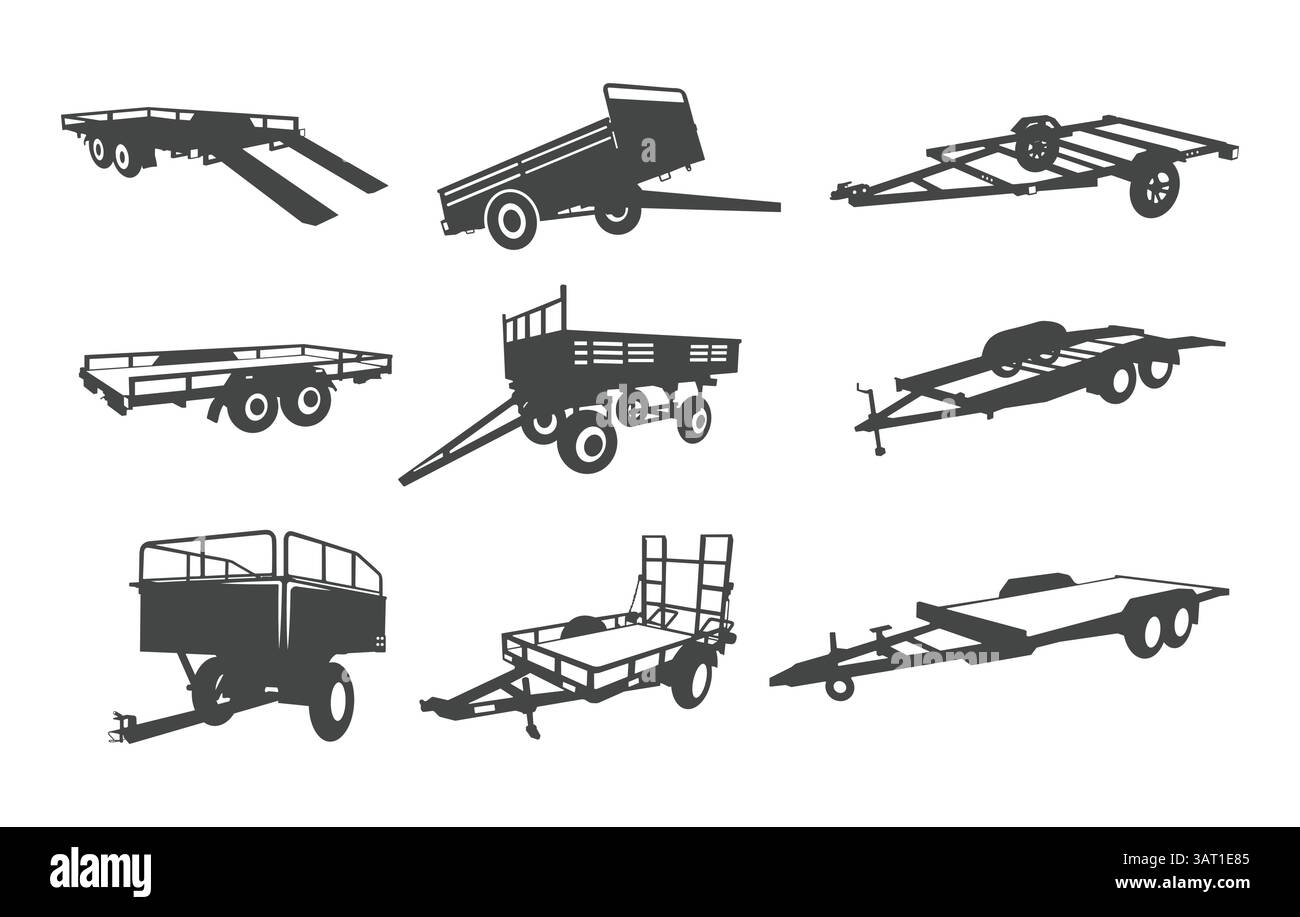 Silhouette de remorque de voiture, ensemble de remorque de voiture, icône de remorque de voiture, logo de remorque de voiture, clipart de remorque de voiture, vecteur de remorque de voiture. Illustration de Vecteur