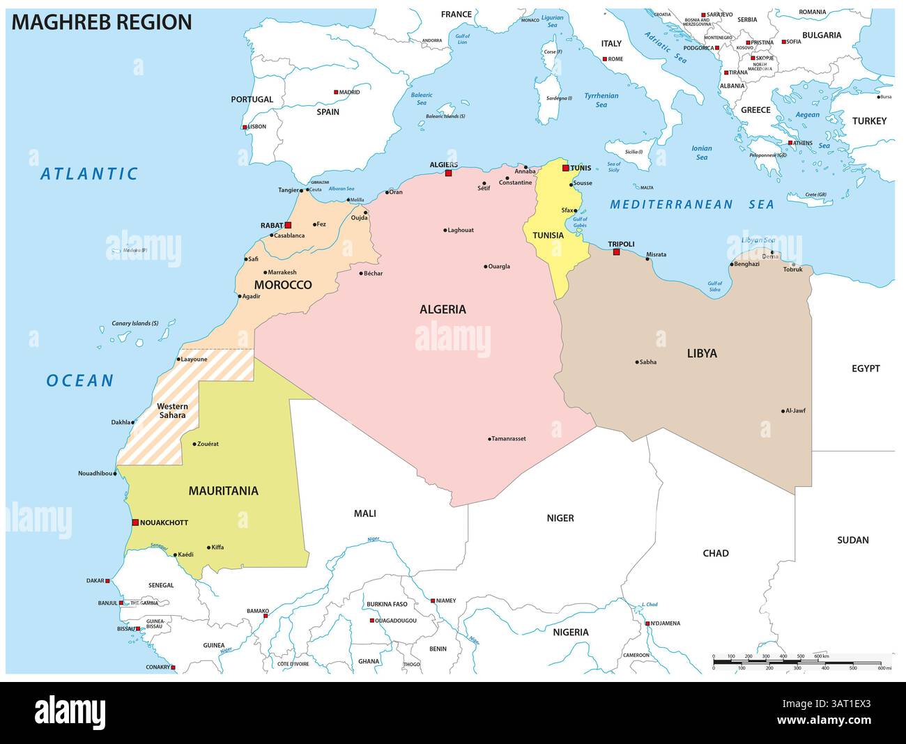 Carte de la région historique nord-ouest africaine du Maghreb Banque D'Images