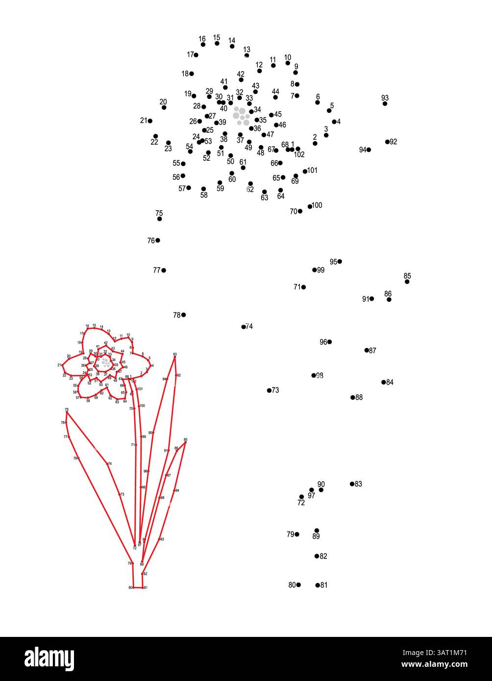 Connectez le jonquille à points, feuille de travail de puzzle de point à point, thème de fleur. Banque D'Images