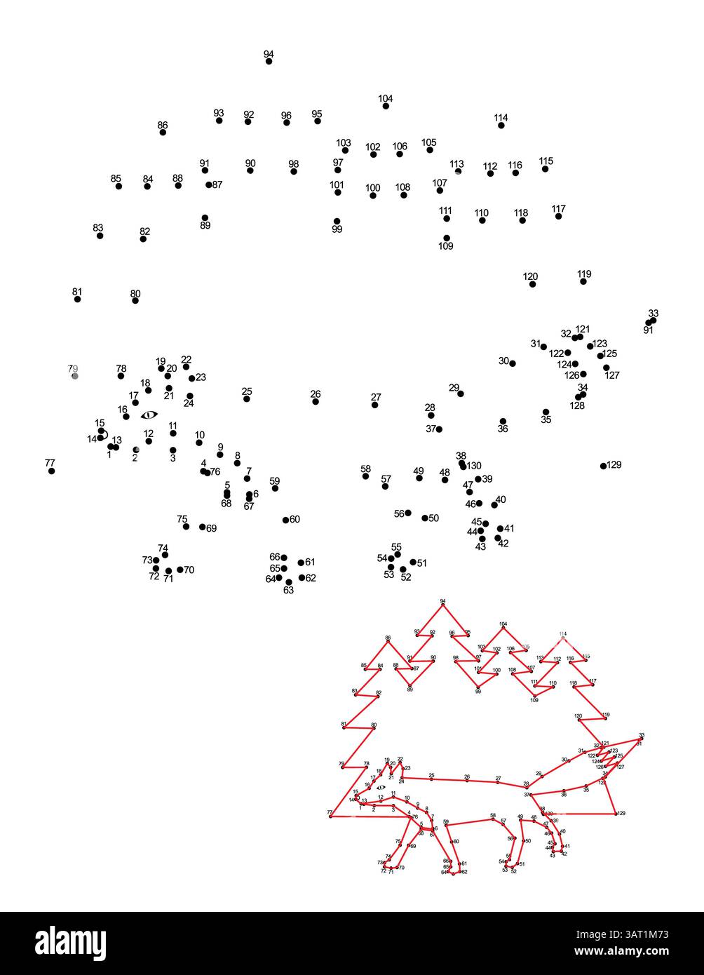 Connectez la feuille de travail de points, renard dans la forêt. Banque D'Images