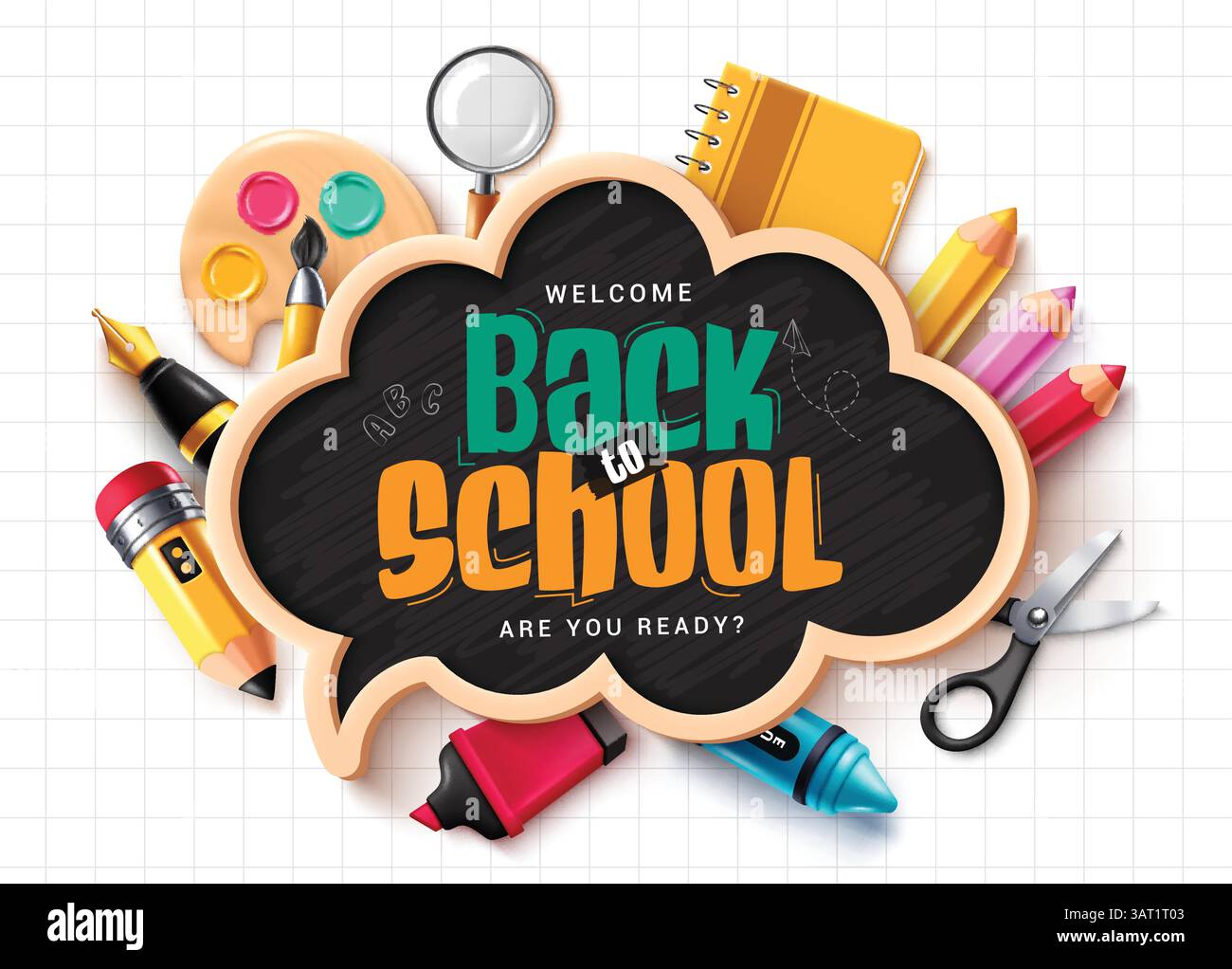 Modèle de clipart de tableau noir de retour à l'école. Texte de voeux scolaire dans les bulles de parole tableau noir clip art avec des fournitures éducatives comme l'aquarelle Illustration de Vecteur