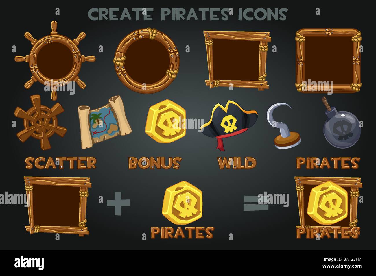 Définir pour créer des icônes piratées et des cadres en bois pour Slots Games. Symboles de machine à sous pirate-chapeau, pièce de monnaie, carte au trésor, crochet de pirate, barre en bois et bombe Illustration de Vecteur