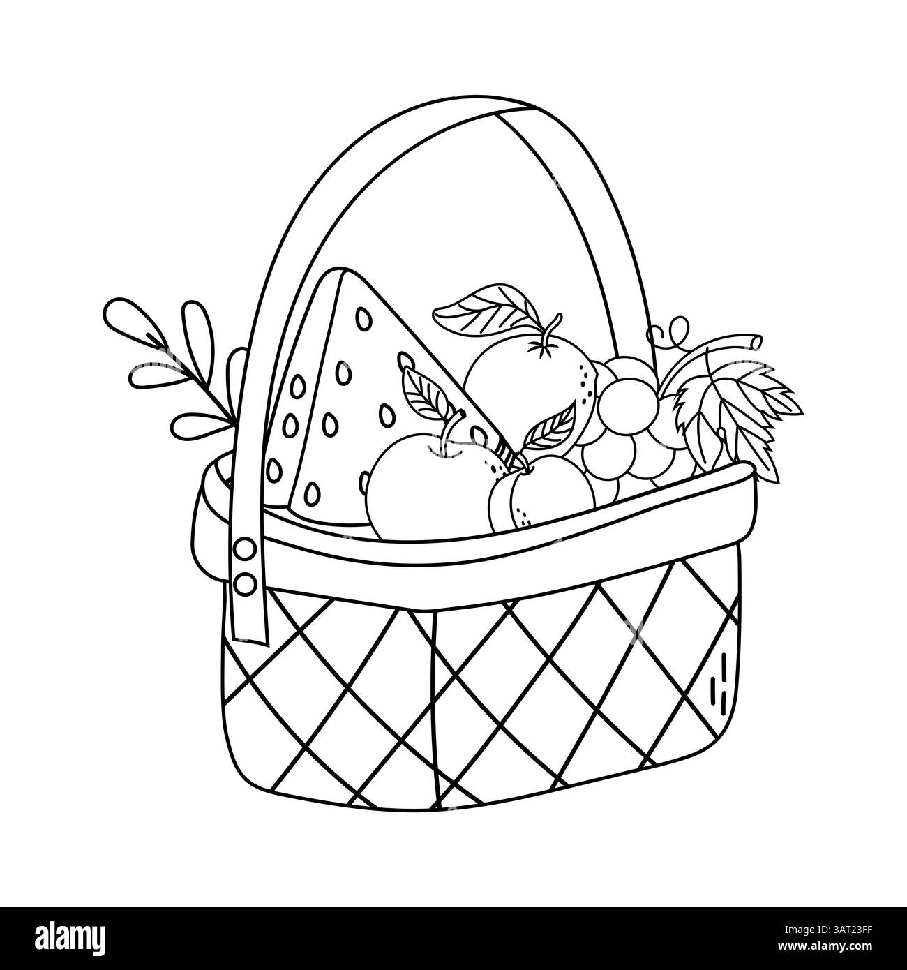 Panier de fruits noir et blanc dessin avec pommes, pastèque, raisins et feuilles. Parfait pour les pages à colorier imprimables. Illustration de Vecteur