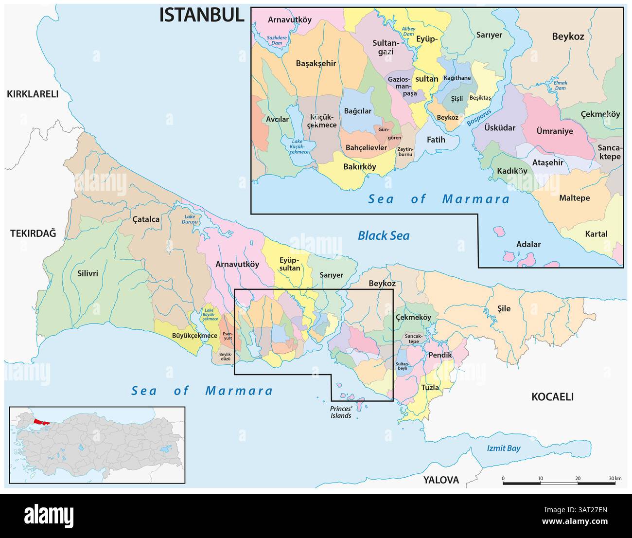 Carte administrative du district de la ville turque d'Istanbul Banque D'Images Carte administrative du district de la ville turque d'Istanbul Banque D'Images