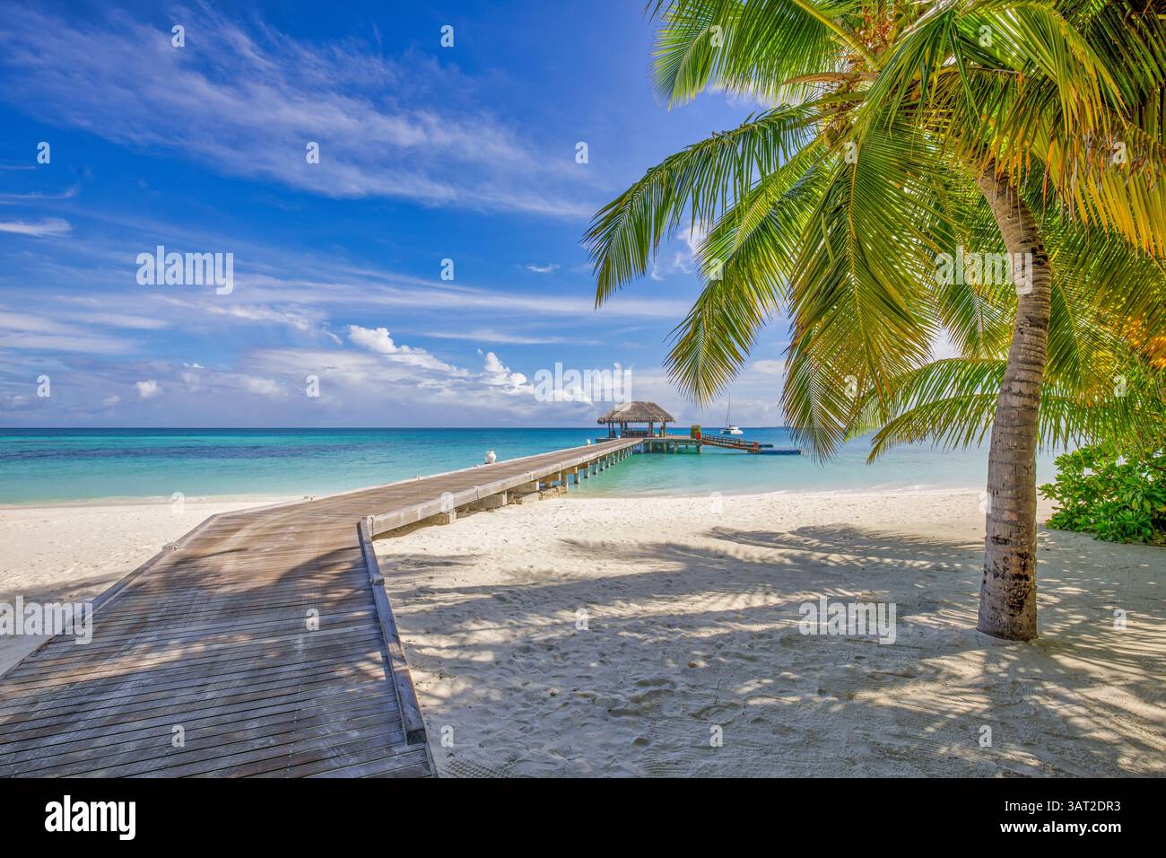 Ciel de sable marin. Vue pittoresque Maldives Paradise Water villa en bois jetée palmiers luxuriants feuilles magnifique plage île vacances majestueuses lune de miel Banque D'Images