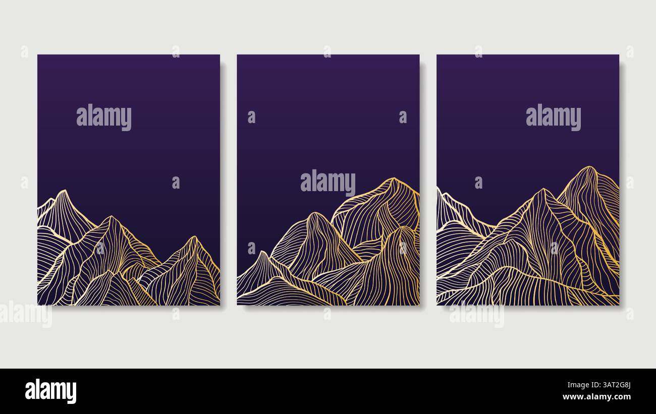 Gold Line Art Wavy Mountain paysage, Golden abstrait Waves Drawing Contemporary Poster Set, Vector Graphic Mid Century Layout Template pour l'impression ou Illustration de Vecteur