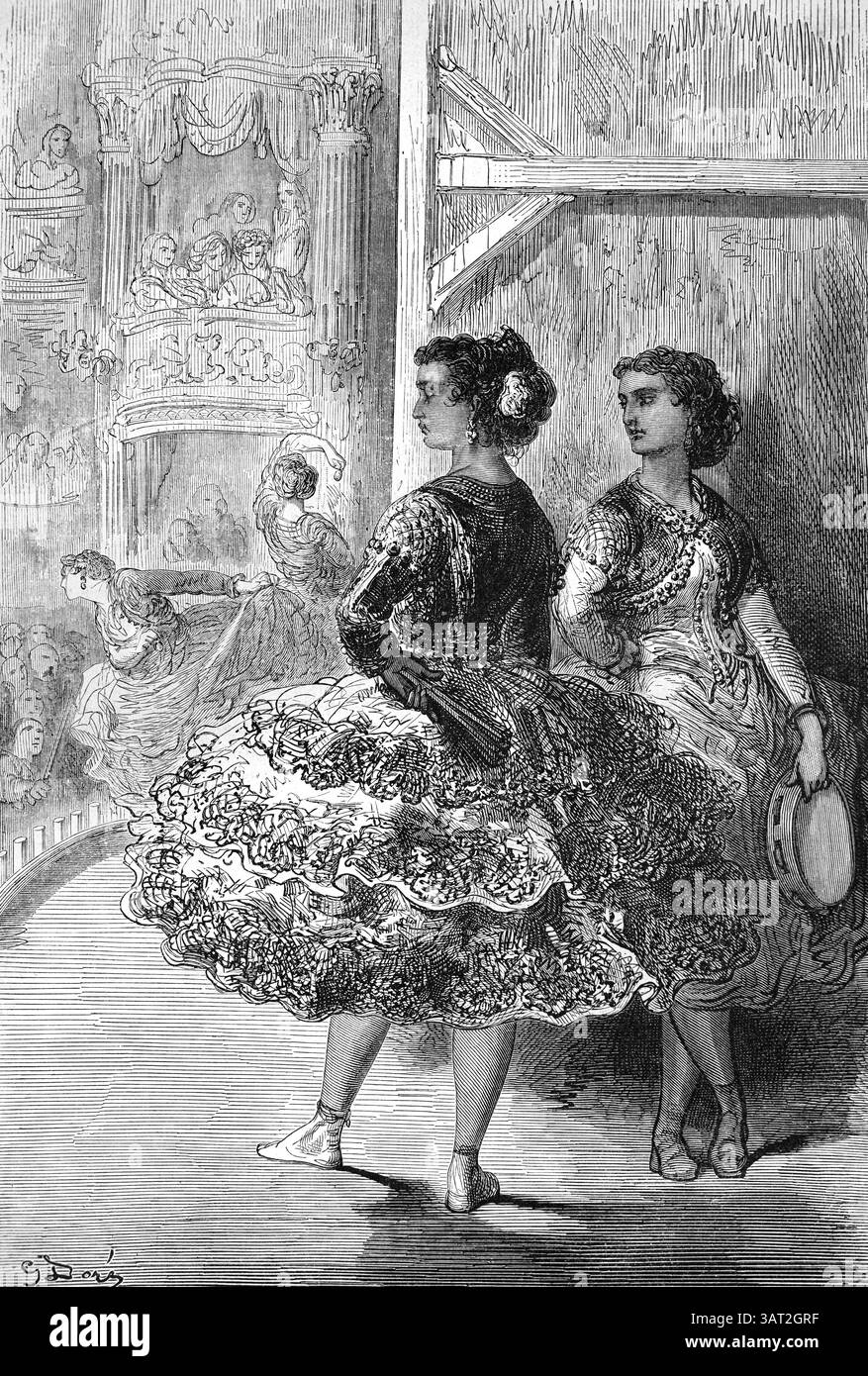 Danseurs espagnols dansant le Fandango Séville Espagne. Illustration vintage ou historique ou gravure par Gustave Doré 1866 Banque D'Images