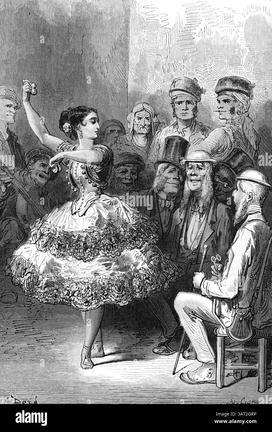 Jeune danseuse espagnole dansant pour public masculin Séville Espagne. Gravure vintage ou historique ou illustration par Gustave Doré 1866 Banque D'Images