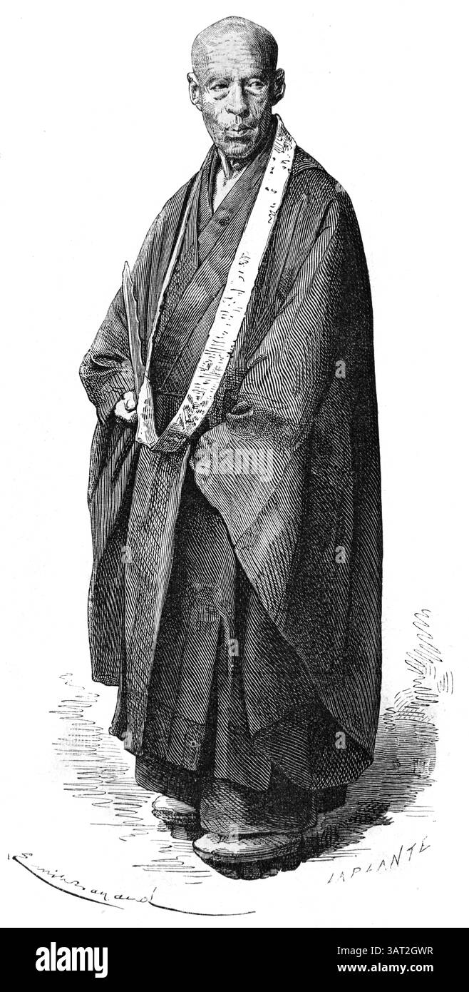 Ordonné, moine bouddhiste senior ou chef, connu sous le nom de Bhikkhu ou Bonze, portant des robes traditionnelles japonaises. Gravure vintage ou historique ou illustration 1866 Banque D'Images