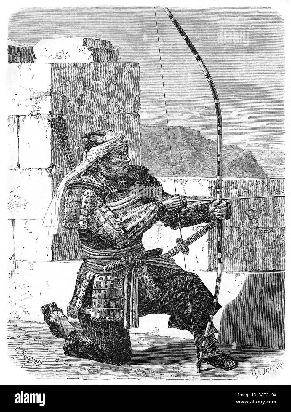 Archer japonais des troupes du Shogun Militry Rullers du Japon. Gravure vintage ou historique ou illustration 1866 Banque D'Images