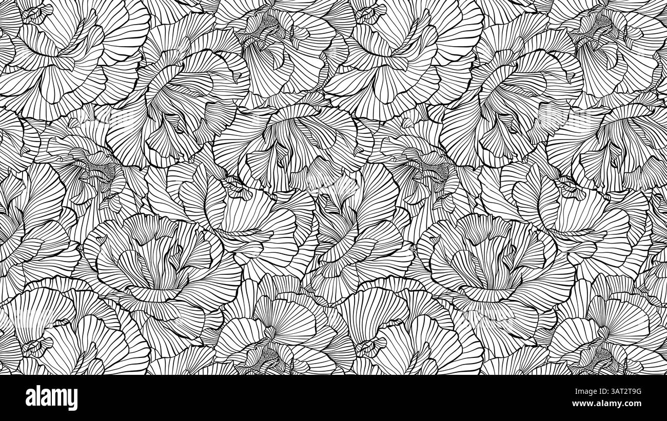 Abstrait vagues florales délicates dessin de ligne pivoine fleurs Noir et blanc sophistiqué lignes ondulées complexes décoratives Monochrome Vector Seamless Illustration de Vecteur