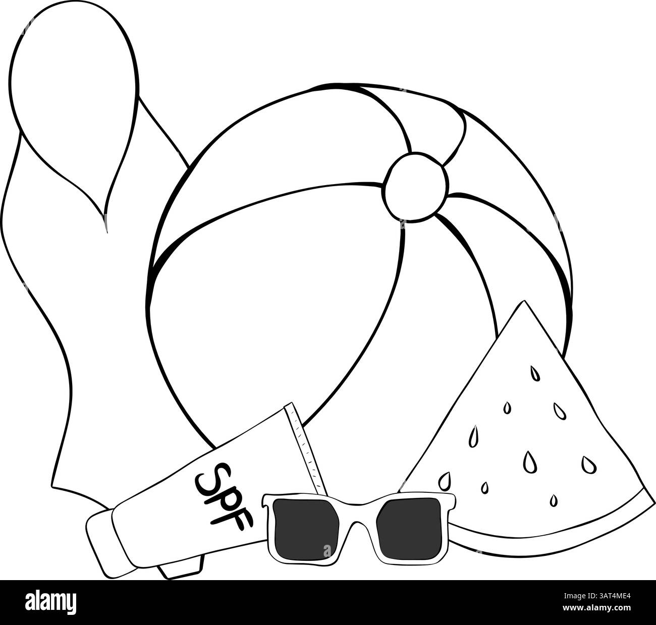 Maillot de bain, ballon d'été, crème SPF, lunettes de soleil, composition de tranches de pastèque. Illustration vectorielle d'encre de ligne graphique. Éléments lumineux de la fête été. ESS Illustration de Vecteur