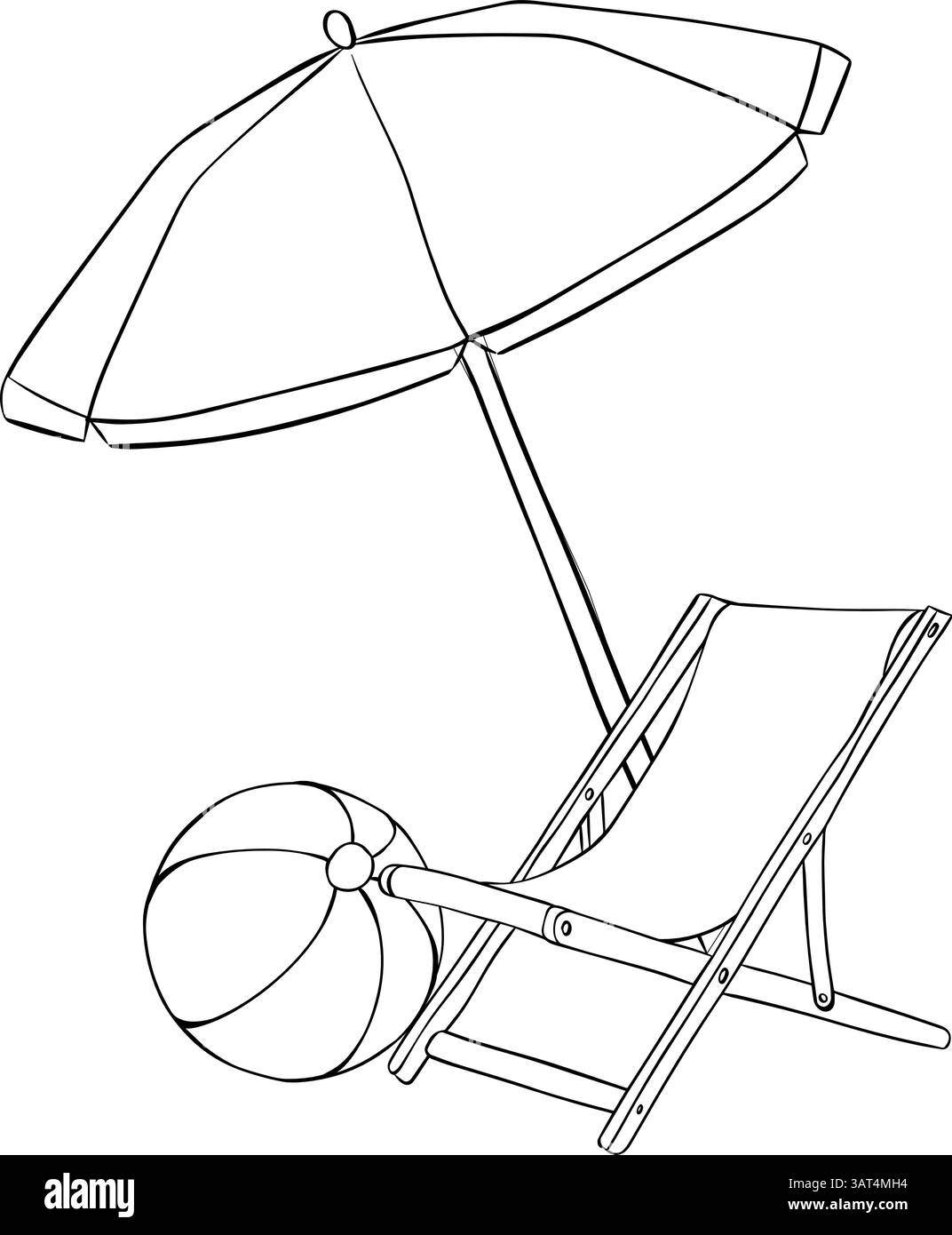 Parasol, chaise, composition de balle. Illustration vectorielle d'encre de ligne graphique. objets et jouets illustration pour paquet, conception de vacances, tissu et Illustration de Vecteur