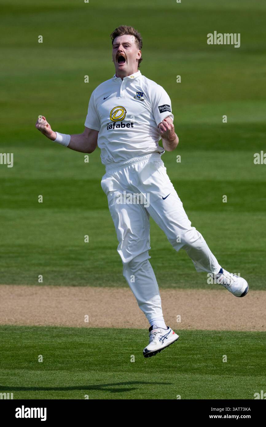 Sussex v Somerset - Rothesay County Championship HOVE, ANGLETERRE - 12 AVRIL : Sean Hunt du Sussex célèbre le licenciement de Jack Leach, attrapé par le guichet Banque D'Images