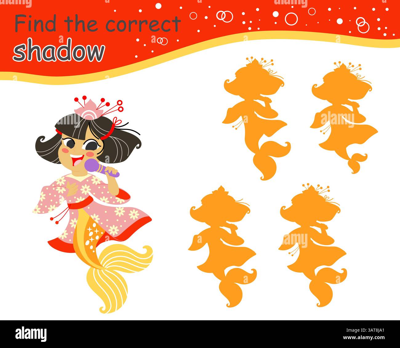 Trouvez le personnage de sirène mignonne de l'ombre correct. Jeu éducatif d'appariement pour enfants. Trouvez la silhouette correcte. Activité, jeu de logique, feuille de travail imprimable Illustration de Vecteur