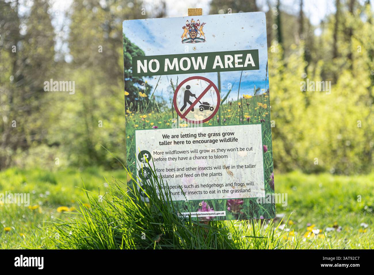 Vue rapprochée d'un panneau d'interdiction de tondre dans le parc, pour la protection des fleurs sauvages et des insectes, y compris les grenouilles et les hérissons. Banque D'Images