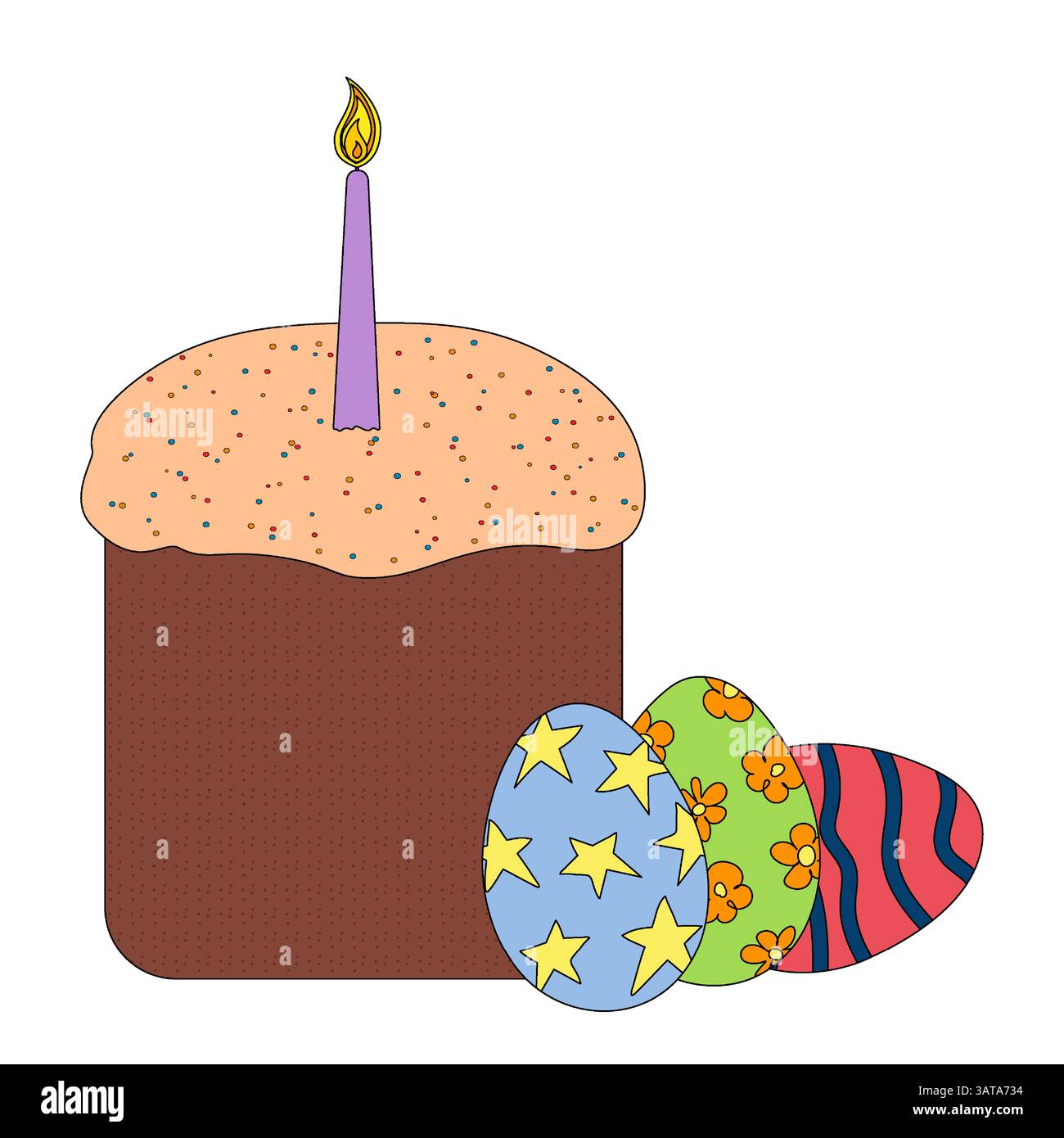 Gâteau de Pâques religieux national traditionnel - kulich - avec glaçage, une bougie allumée, et des œufs ornés colorés, symbole de célébration de Pâques. Vecteur simple dra Illustration de Vecteur