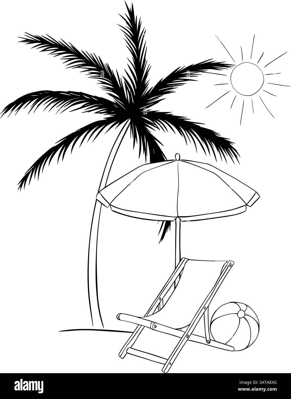 Scène de plage avec chaise, parasol, soleil, balle, palmier. Composition d'encre pour lignes graphiques vectorielles. Bannière, affiche, papier d'emballage, autocollant, impression, moderne Illustration de Vecteur