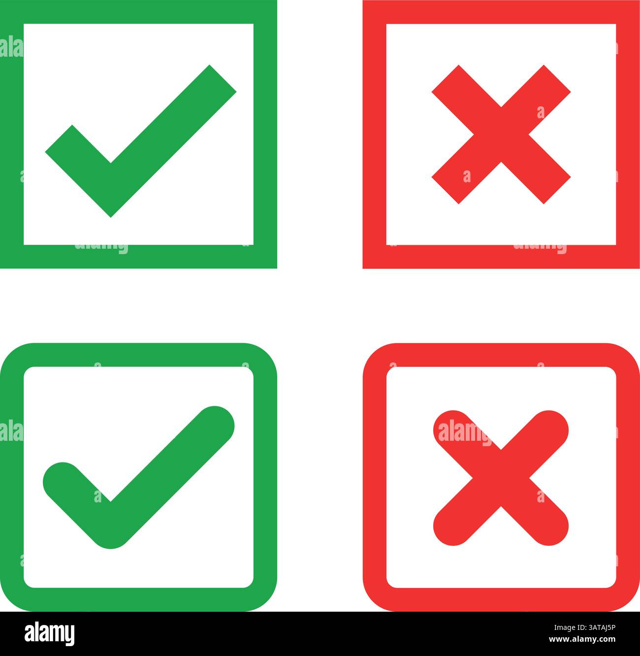 Coche verte et croix rouge sur le symbole de vecteur de fond blanc isolé pour les bons et les mauvais choix. Design plat moderne, ensemble d'icônes à coche. Illustration de Vecteur