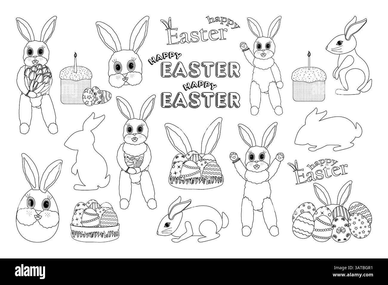 Ensemble de contour avec lapins de Pâques, lapins blancs, silhouettes de lapin, bouquet de fleurs de tulipe, œufs ornés, gâteaux - kulich, - et salutations JOYEUSES PÂQUES. Illustration de Vecteur