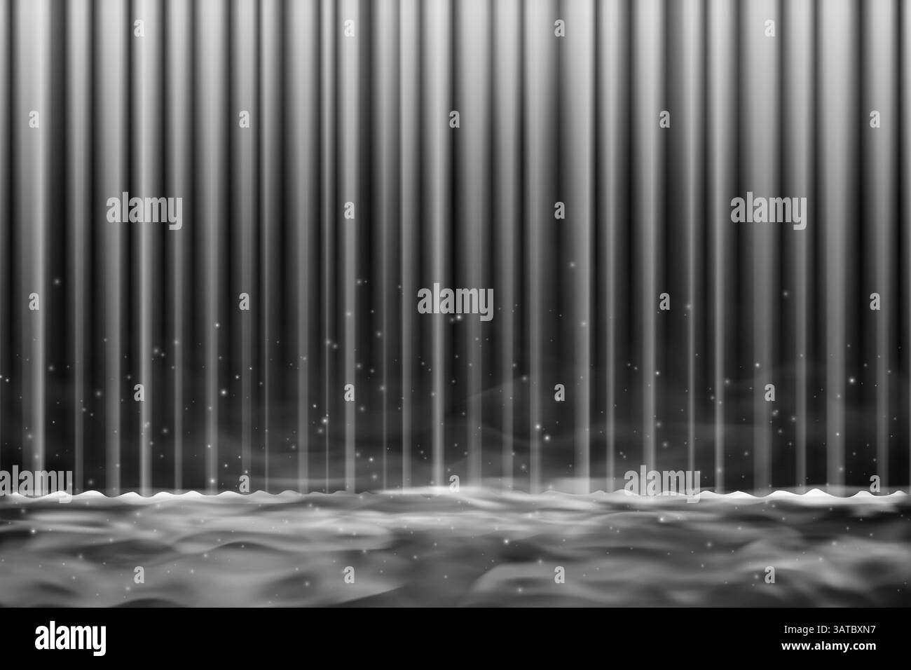 Rideau lumineux de scène noir rétro avec effet de brouillard ou de machine à fumée. Texture velours vintage et plis élégants. Parfait pour le théâtre, le concert, le cinéma ou la présentation de spectacles de récompense. Toile de fond eps vectoriel Illustration de Vecteur