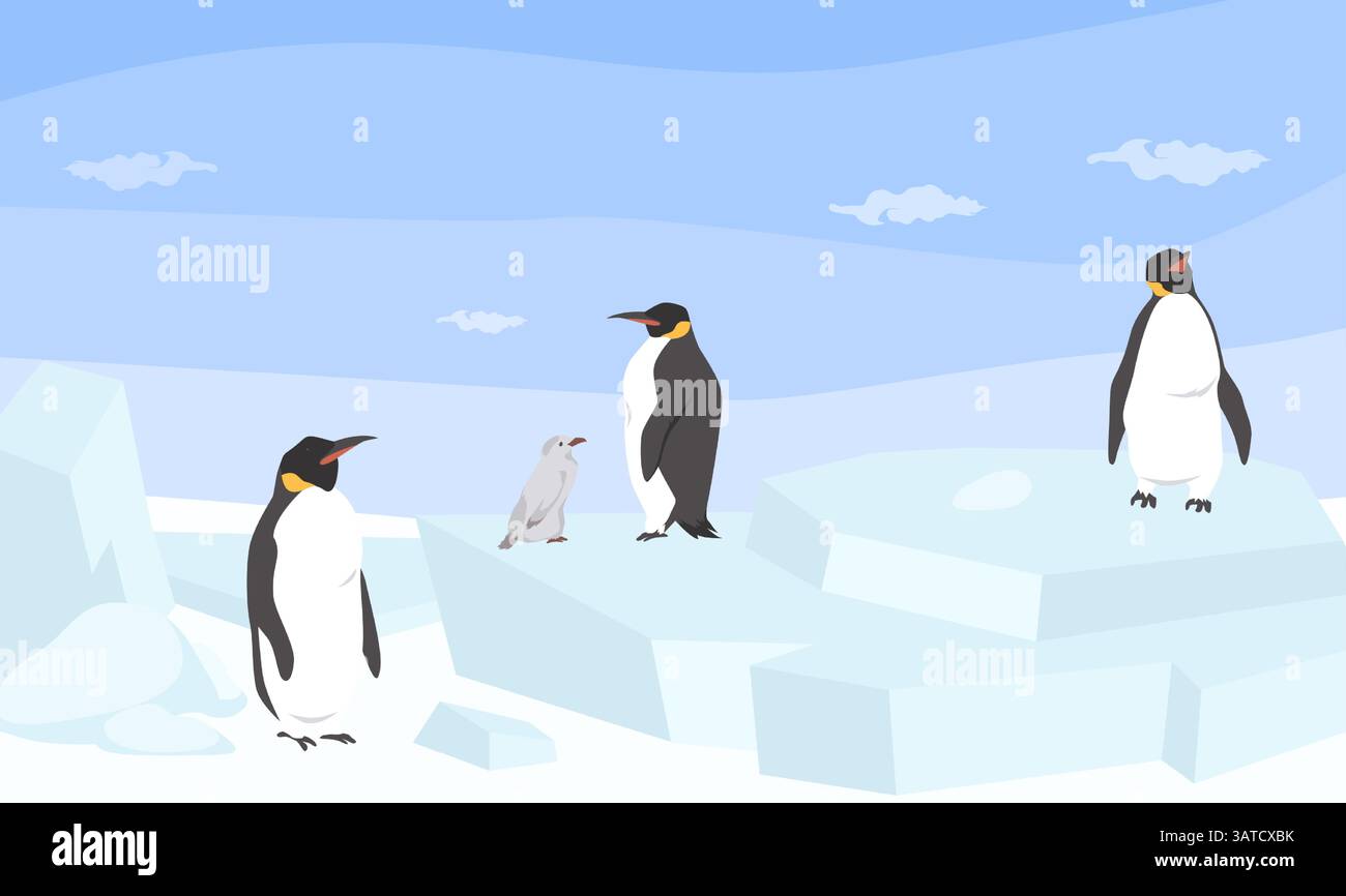 Quatre pingouins se tiennent sur des floes de glace dans un paysage enneigé. Le soleil brille brillamment, projetant des ombres. Un pingouin plus petit est niché parmi les plus grands Illustration de Vecteur