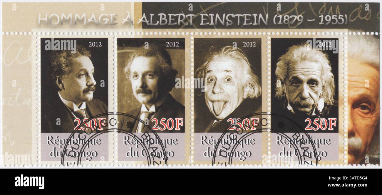 CONGO PR (Brazzaville) - 2012 : 4x250 franc Mini feuille de timbres-poste illégaux multicolores représentant des portraits d'Albert Einstein, il a fait l'objet de nombreuses œuvres de culture populaire. Einstein est un modèle préféré pour les représentations de professeurs absents ; son visage expressif et ses coiffures distinctives ont été largement copiés et exagérés. Frederic Golden du magazine Time a écrit qu'Einstein était « le rêve d'un dessinateur devenu réalité ». 'Einstein' est devenu synonyme d'une personne extrêmement intelligente Banque D'Images