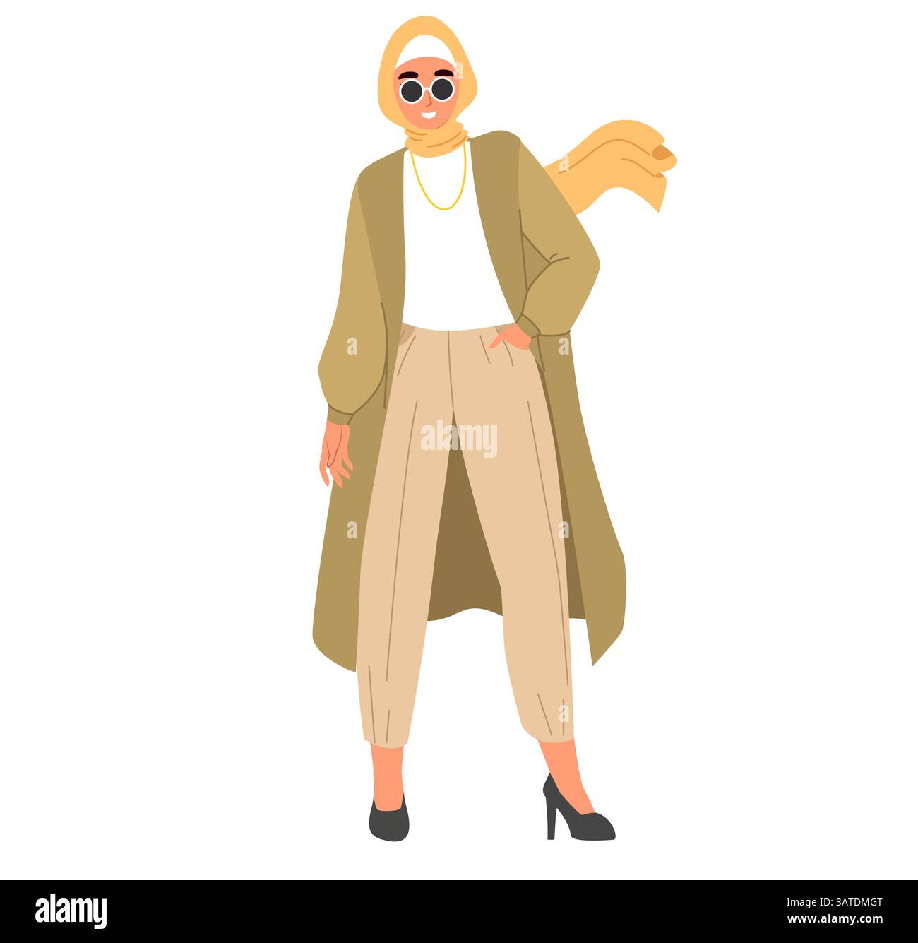 Une femme respire la confiance tout en portant une tenue chic, avec une écharpe fluide et des talons élégants. L'illustration de mode la met en valeur Illustration de Vecteur