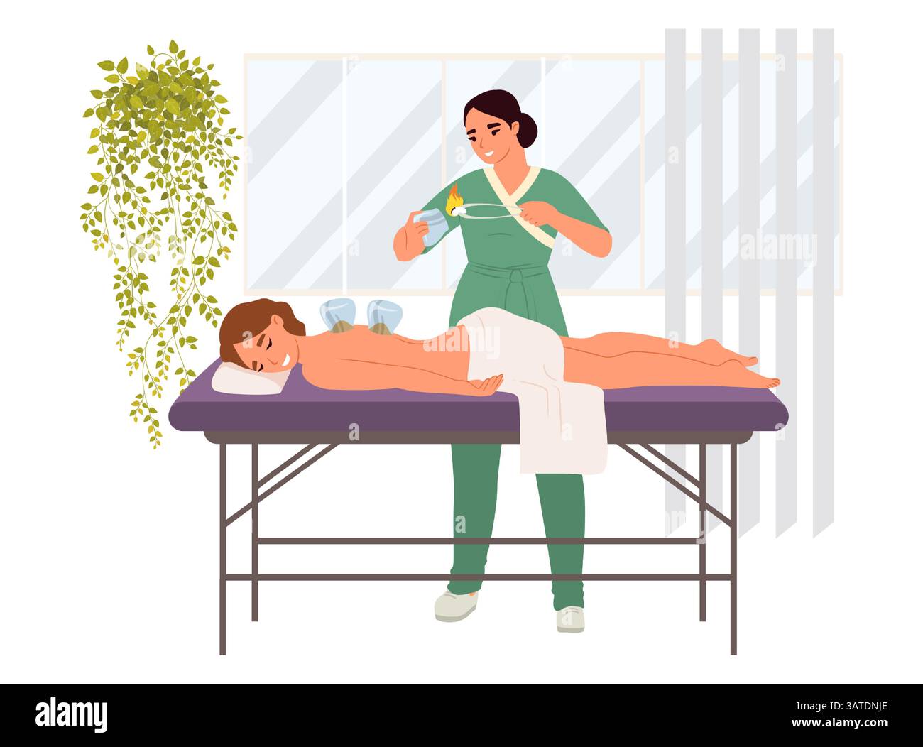 Un praticien qualifié utilise des remèdes à base de plantes médicinales pour traiter un client recevant une thérapie de médecine orientale sur une table de massage. L'environnement apaisant améliore Illustration de Vecteur