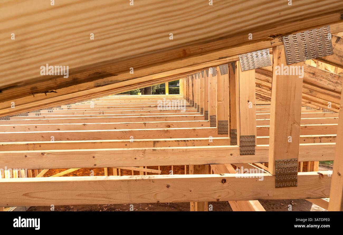 Cadre de toiture fraîchement installé. Fermes de support de toiture disposées comme un système triangulé de pièces de bois droites reliées entre elles. Banque D'Images