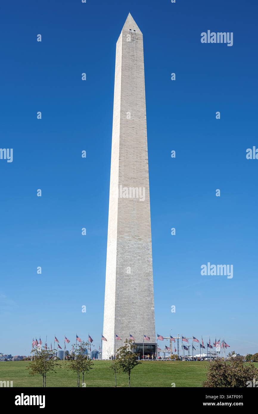 Le célèbre Washington Monument avec des drapeaux américains autour Banque D'Images