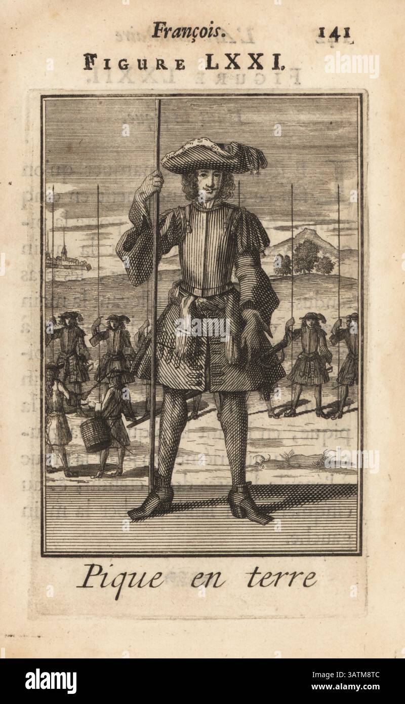 Pikeman français reposant son brochet sur le sol. Soldat en tricorne, pectoral, manteau militaire avec grenouille et épaulettes, tuyau et chaussures en cuir. Pique en terre. Gravure sur cuivre par Pierre Giffart de L’Art militaire Francois pour l’infanterie, Pierre Giffart, Paris, 1696. Livre d'exercices militaires français du XVIIe siècle pour l'infanterie couvrant mousquet, brochet, épée et grenade. Banque D'Images