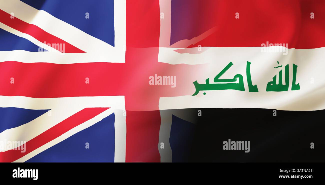 Irak, Royaume-Uni agitant le fond de drapeaux. Drapeaux britannique et irakien ensemble Banque D'Images