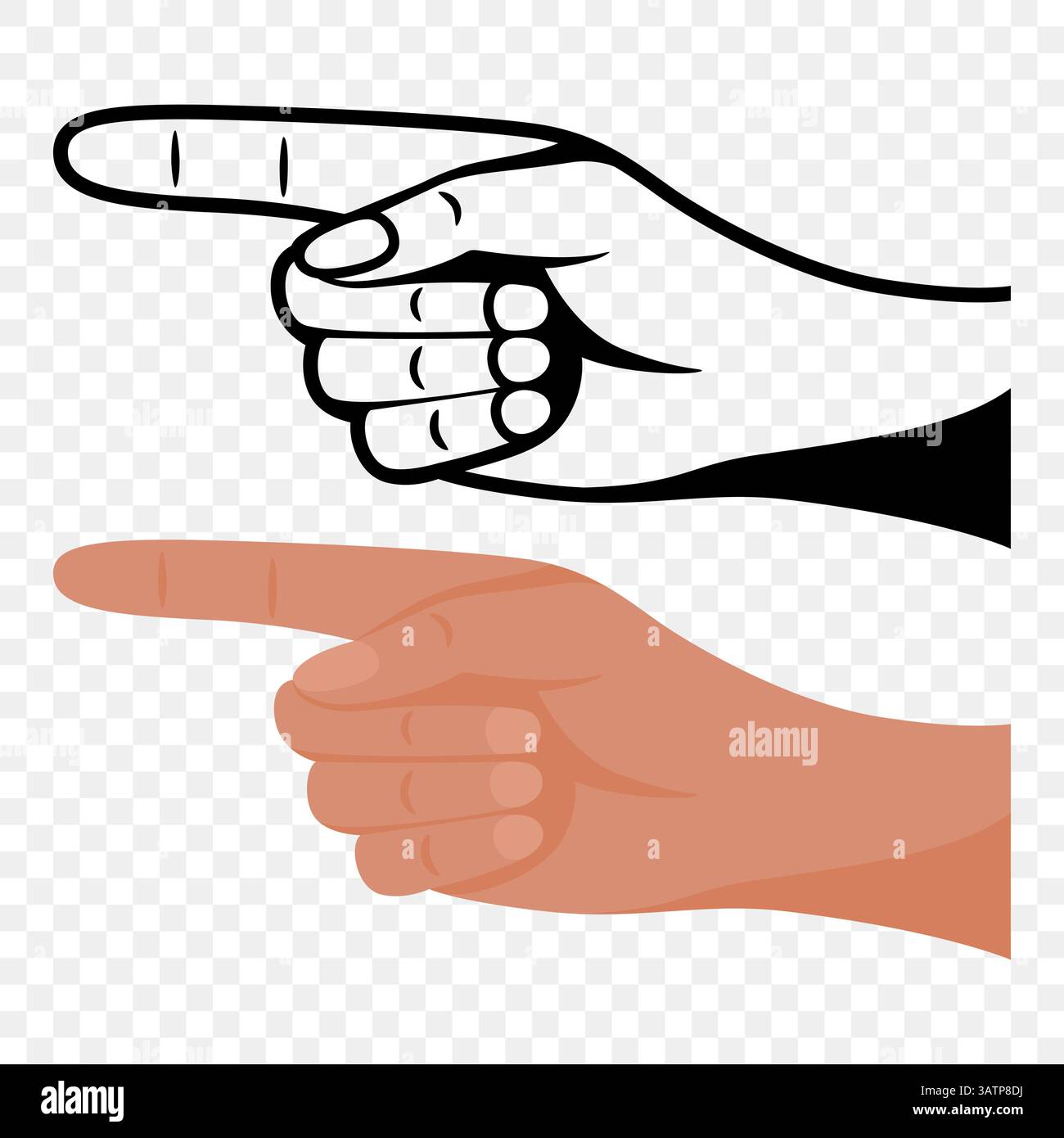 Pointage des mains. Contour plat de dessin animé et geste coloré de l'index humain. Icône de pointeur directionnel. Geste de direction gauche. Main humaine, pointeur Illustration de Vecteur