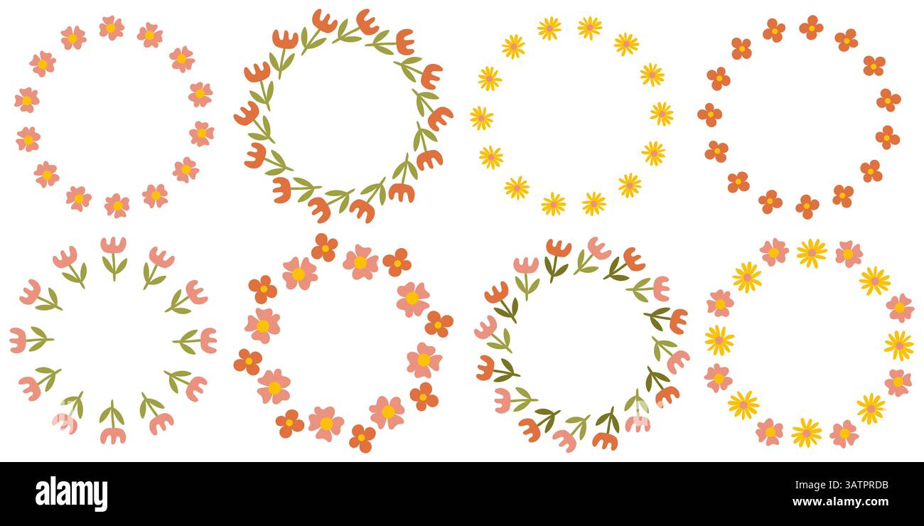 Ensemble de cadres floraux ronds élégants avec des fleurs pastel délicates, bordures de cercle décoratives botaniques pour invitations de mariage, cartes de douche de bébé, femin Illustration de Vecteur