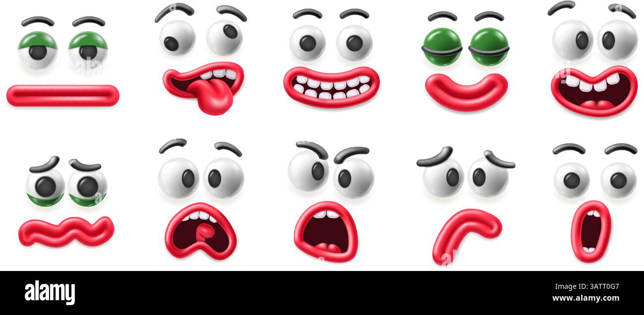 Visages 3D de dessin animé. Sourire heureux, emoji triste, visage pleurant et expressions excitées avec des yeux googly de dessin animé et des bouches en plastique. Expression faciale Illustration de Vecteur
